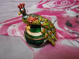 Vintage Peacock Trinket Box Enameled Bejeweled Green Jewelry ...