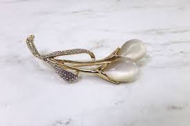 Lily Flower Pin Brooch with Clear Crystals and White Cats Eye Stone New | eBay
