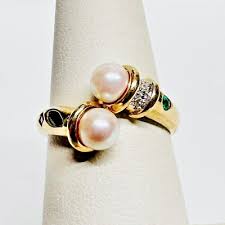 Vintage 14k Yellow Gold Pearl, Diamond, and Multi Gemstone Bypass Band Ring | eBay