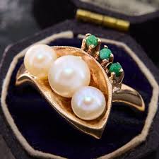 Turquoise Accented Pearl Ring Yellow Gold
