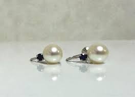 MIKIMOTO K14WG about 7.6mm Akoya Pearl & Sapphire Earrings ...