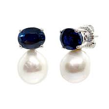 Oval Lab Sapphire and Cultured Pearl Drop Earrings