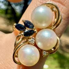 Vintage solid 10k yellow gold genuine sapphire/diamond ...