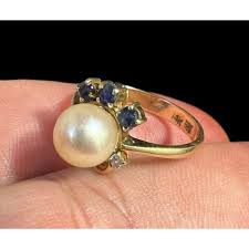 14k Yellow Gold Ring Blue Sapphire Diamond Band Size 7 - Etsy