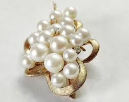Vintage 14k Gold Retro Cluster Pearl Diamond Pin - Etsy
