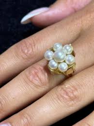 14k Yellow Gold Natural White Pearls Vintage Halo Cocktail ...