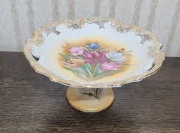 Pierced Reticulated Porcelain Pink Blue Flowers Pedestal Compote Bowl Gold | eBay