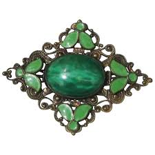 Peking Glass and Green Enamel Brooch. For Sale at Ruby Lane