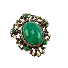 1940s Brooch Pendant Green Plastic Oval Cabochon Florenza Like Faux Pearl Silver Tone - Etsy