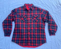 VTG Sears Flannel Plaid Red Blue Shirt filled Puffy Lightweight Jacket Lined | eBay