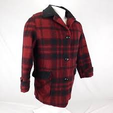 VTG LL Bean Women Red Black Buffalo Check Coat Jacket Wool ...