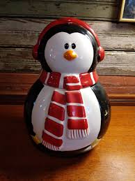 Christmas Holiday Ceramic Penguin Cookie Jar Red & White ...