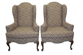 Ethan Allen Sussex Wing Chairs Upholstered Fabric Queen Anne ...