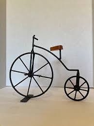 Metal Antique Design High Wheel Bicycle With Wood Seat For Display On Stand | eBay
