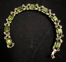 Vintage Green Emerald Cut Glass Bracelet, Gold Tone, 7 ...