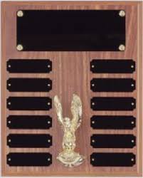 10 1/2" X 13" WINGED VICTORY PERPETUAL PLAQUE WALNUT FINISH BLACK HEADER AND 12 ENGRAVING PLATES - The Trophy & Plaque Shack