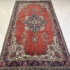 5x9 Vintage Turkish Wool Rug: Red, Ivory, and Navy ...