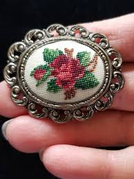 Vintage Petit Point Rose Brooche and Clip on Earring Set ...