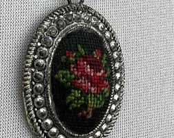 Needlepoint Pendant Necklace, Flower Pendant, Petit Point ...