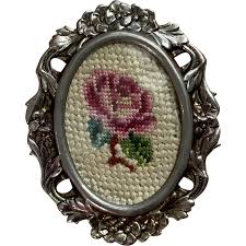 Vintage Embroidered Needlepoint Red Rose Floral Brooch Pin ...