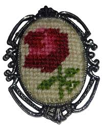 Handmade Needlepoint Brooch Red Rose Flower Metal Pin Vtg ...