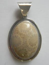 Vintage 925 Sterling Silver Large Oval Fossil Coral Pendant ...