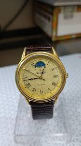 PEUGEOT Vintage Men's Watch Moon Phase Gold Tone Leather Quartz 32 mm Rare | eBay