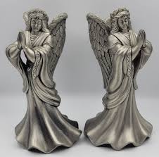 Vtg Heavy Pewter Angel Candlesticks Set Angelic Ornate ...