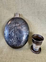 Antique Hunting Flask With Dog, Features Collapsable Cup in ...