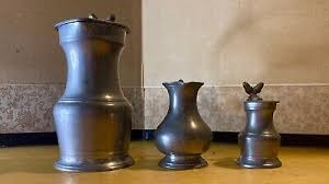 2 Pewter Syrup Pitchers Acorn Finials & Lids 1 Creamer w/ Beaded Handle Cottage | eBay