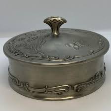 Late 20th Century German Frieling-Zinn 95% Pewter Floral and Butterfly Design Round Box With Lid | Chairish