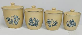 Pfaltzgraff FOLK ART TAN & BLUE 8 PC CANISTER SET **BIRD ...