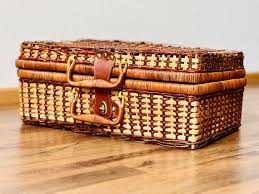 Wicker Picnic Basket ~ Large Blue Gingham Lined Woven Carry ...