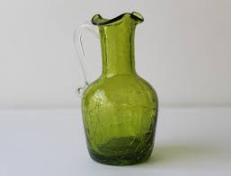 Art Glass Ewer / Pitcher Ruffled Olive Green Crackle Glass c. 1950's - Cynthia's Attic Direct - Antiques and Collectibles