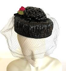 Vintage Small Black Straw Pillbox Hat w Veil Red Flower | eBay