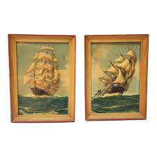 1930s Vintage Sailboat Clipper Ship Embossed Paintings Pair ...