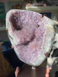 Beautiful Pink & Lavender Sugar Druzy Rainbow Amethyst Geode With Gorgeous Banding ~ Rainbow Amethyst Geode on Stand - Etsy