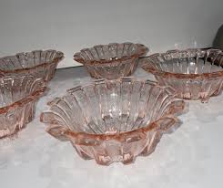 Art Deco depression pink glass set of 5 footed bowls etched ...