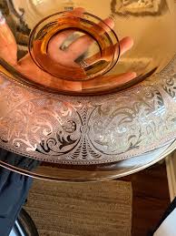 Vintage Topaz Glass Console Bowl: Etched Scroll Border ...