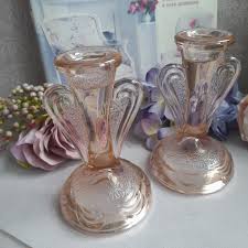 Pretty Pair of Art Deco Peachy Pink Glass Candlesticks, Shaped Pressed – Bellemoon Vintage & Welsh Blankets