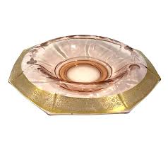 VTG Pink Depression Glass Console Bowl ~ Rolled Rim ~ Etched & Gold Trim | eBay