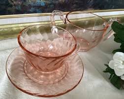 Pink Depression Glass Tea Cup and Saucer and Open Sugar Bowl ...