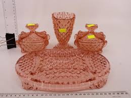 Lot - PINK DEPRESSION GLASS DUCHESS SET - TRAY, 2 LIDDED TRINKET BOXES & A VASE