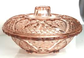 KIG Indonesia Pink DEPRESSION GLASS BOWL WITH LID CANDY DISH Hearts Flowers | eBay