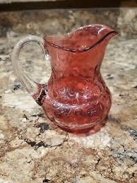 Vintage Fenton Cranberry Coin Dot Pitcher w/ Clear Ribbed Handle Art Glass | eBay
