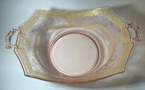 Vintage pink rose glass with gold handled dish, 12"long x 8 ...