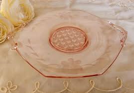 Octagon Sunshine Pink Glass Plate, Two Handled, Etched Glass ...
