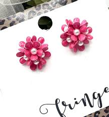 0.6" Hot Pink Acrylic Flower Pearl Stud Earrings, Small Pink ...