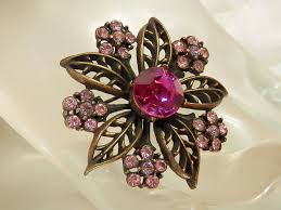Pretty Vintage 1950s-60s Signed Craft Pink Rhinestone Flower ...