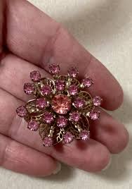 Vtg Brooch Flower Pink Rhinestones Floral 3D Sparkly Gold ...